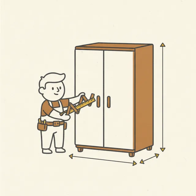 Line-Art-Panel Schritt 2: Monteur nimmt mit dem Maßband das Aufmaß an Schrank und Türbreite