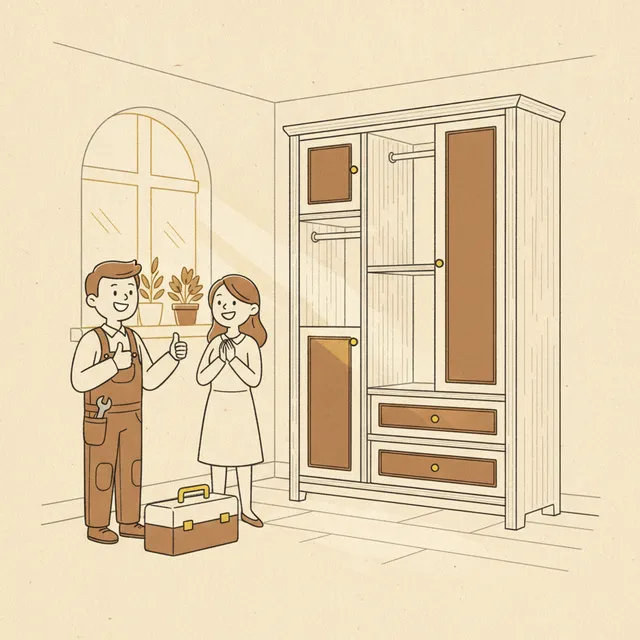Line-Art-Panel Schritt 5: Monteur verschraubt den Schrank beim Aufbau in der neuen Wohnung